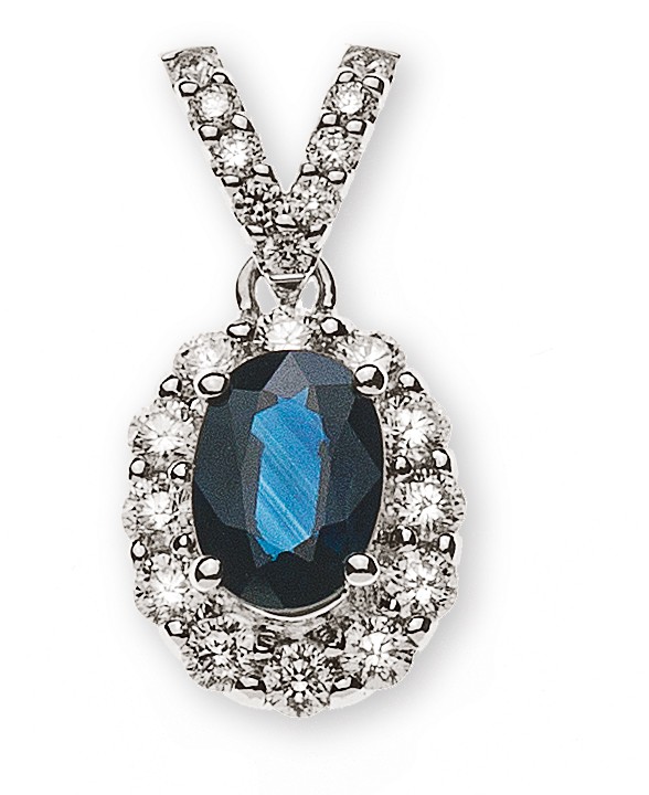Anhänger aus Weißgold 750/18 ct. mit Saphir 0.76 ct. und 21 Brillanten H SI 0.42 ct.