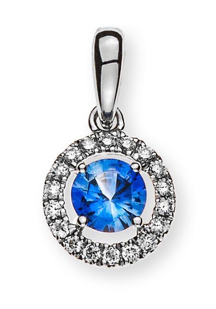 Anhänger Kreis Weißgold 750/18 ct. mit 1 runden Saphir 0,34 ct. und 18 Brillanten H SI 0.07 ct.