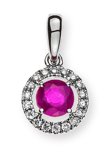 Pendentif cercle or blanc 750/18 ct. avec 1 rubis rond 0.35 ct. et 18 brillants H SI 0.07 ct.