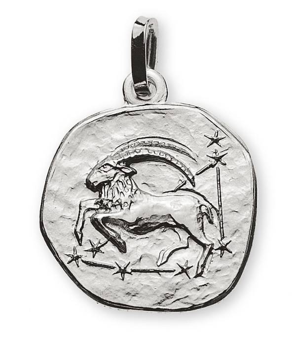 Pendentif signe du zodiaque Capricorne or blanc 750/18 ct. rond 16mm avec constellation d'étoiles