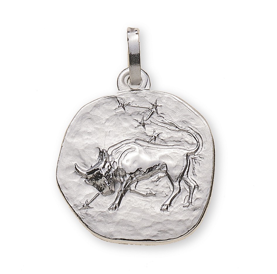Pendentif signe du zodiaque Taureau or blanc 750/18 ct. rond 16mm avec constellation d'étoiles
