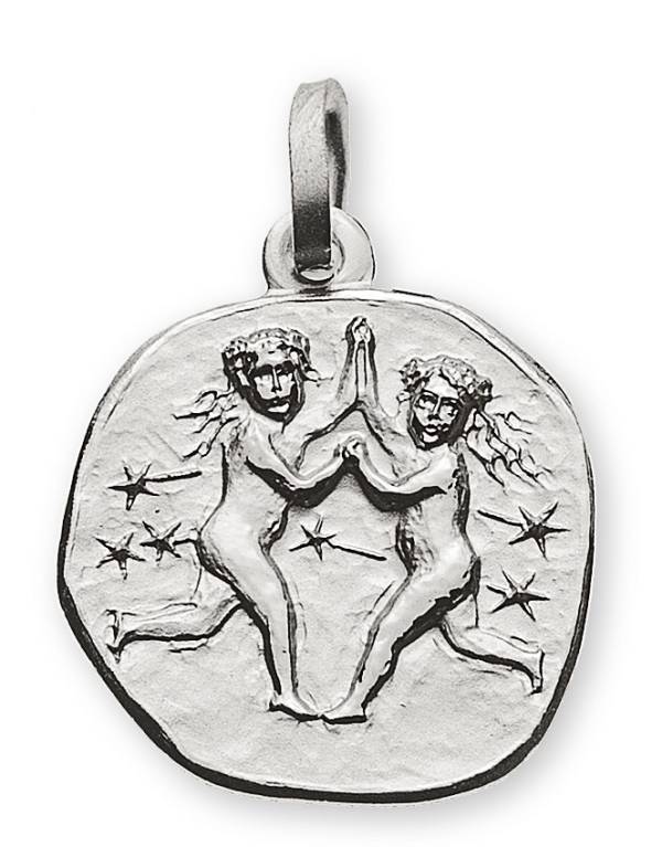 Pendentif signe du zodiaque Gémeaux or blanc 750/18 ct. rond 16mm avec constellation d'étoiles