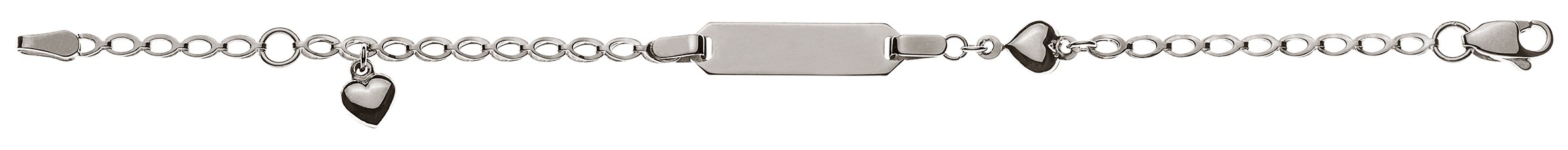 Bracelet d'identité fantaisie avec coeurs pour enfants or blanc 750/18 ct. avec plaquette rectangulaire longue