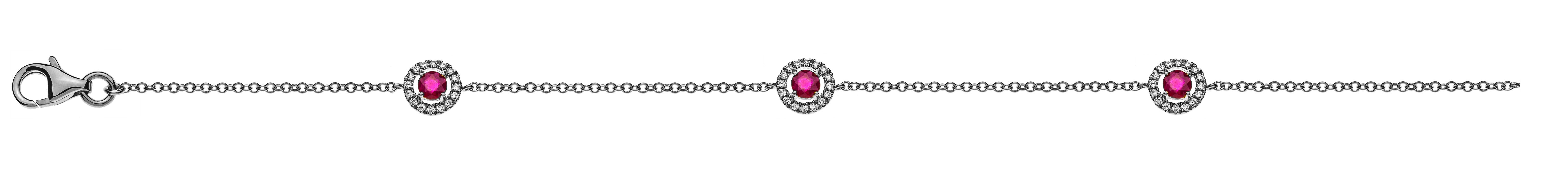Bracelet or blanc 750/18 ct. 19 cm avec 3 rubis 0.43 ct. et diamants