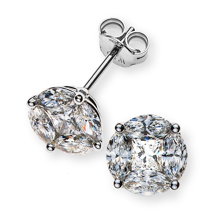 Ohrstecker, 750er Weißgold, 8 Marquise-Diamanten 0,85 ct. G VS und 2 Princess-Diamanten 0,28 ct. G VS