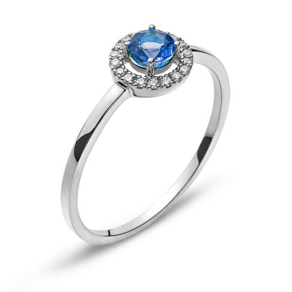 Ring aus Weißgold 750/18 ct. mit 1 runden Saphir 0,32 ct. und 18 Brillanten H SI 0.06 ct.