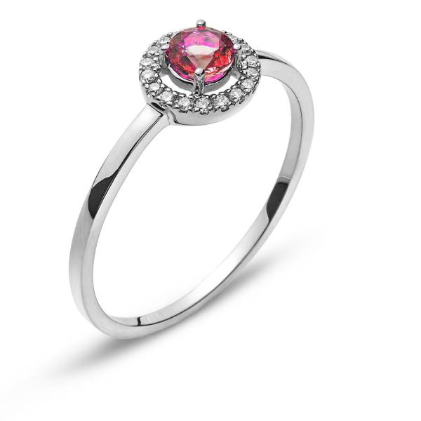 Ring aus Weißgold 750/18 ct. mit 1 runden Rubin 0.37 ct. und 18 Brillanten H SI 0.06 ct.