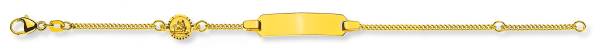 Diamantbesetztes Identitätsarmband für Kinder aus Gelbgold 375/9 ct. 14cm, langes rechteckiges Plättchen mit Engel rund 6mm