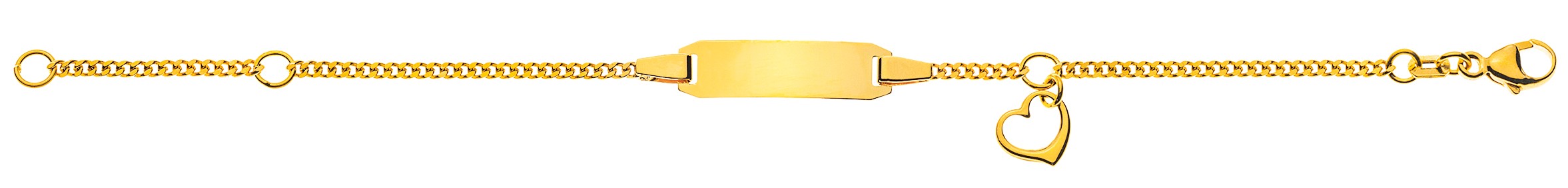 Bracelet d'identité figaro diamantée pour enfants or jaune 750/18 ct. avec pendentif cœur plaquette rectangulaire longue 14 cm