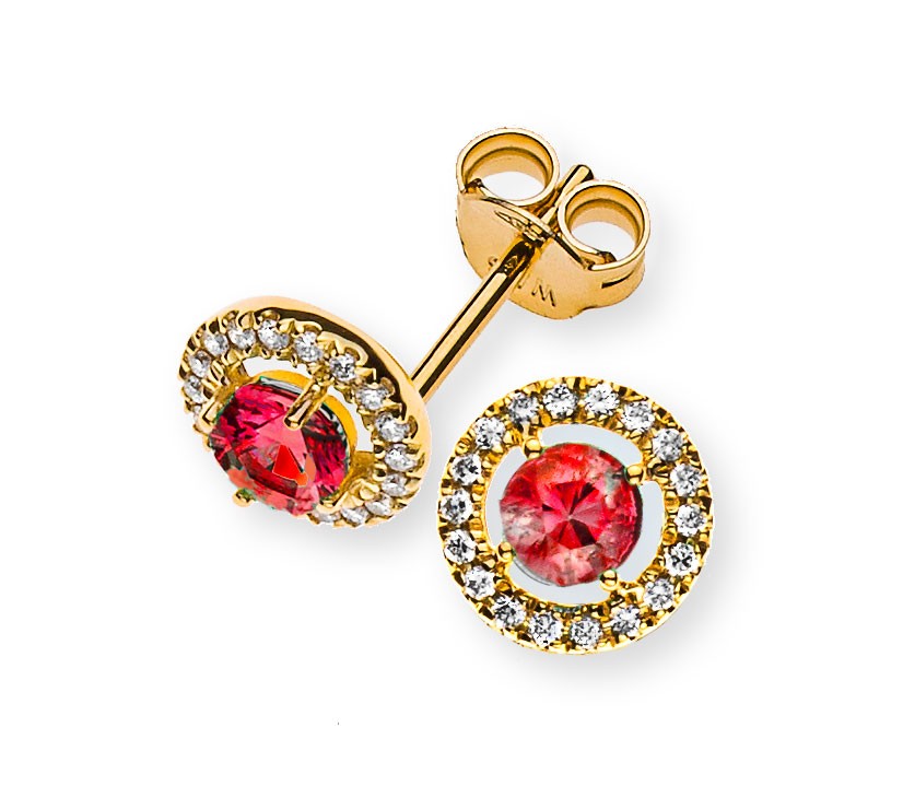 Clous d'oreilles or jaune 750 avec 2 rubis totale 0.52 ct. et 36 brillants H SI totale 0.10 ct.