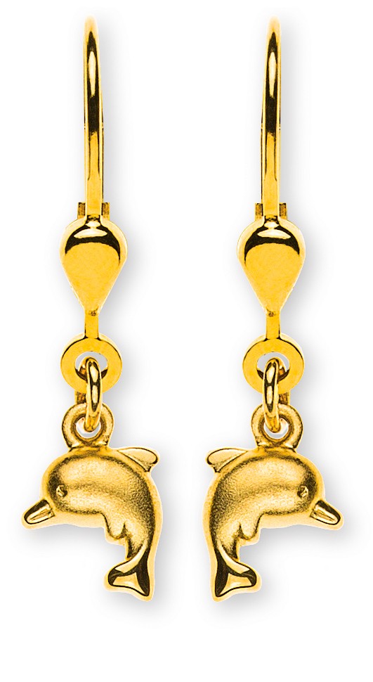 Sandgestrahlte Delphin-Ohrhänger aus 750er Gelbgold mit Brechung