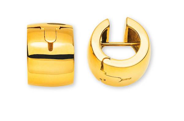 Creolen mit Scharnier, Gelbgold 750 ,flach, handgefertigt, Durchmesser 14,5 mm, Breite 11,5 mm