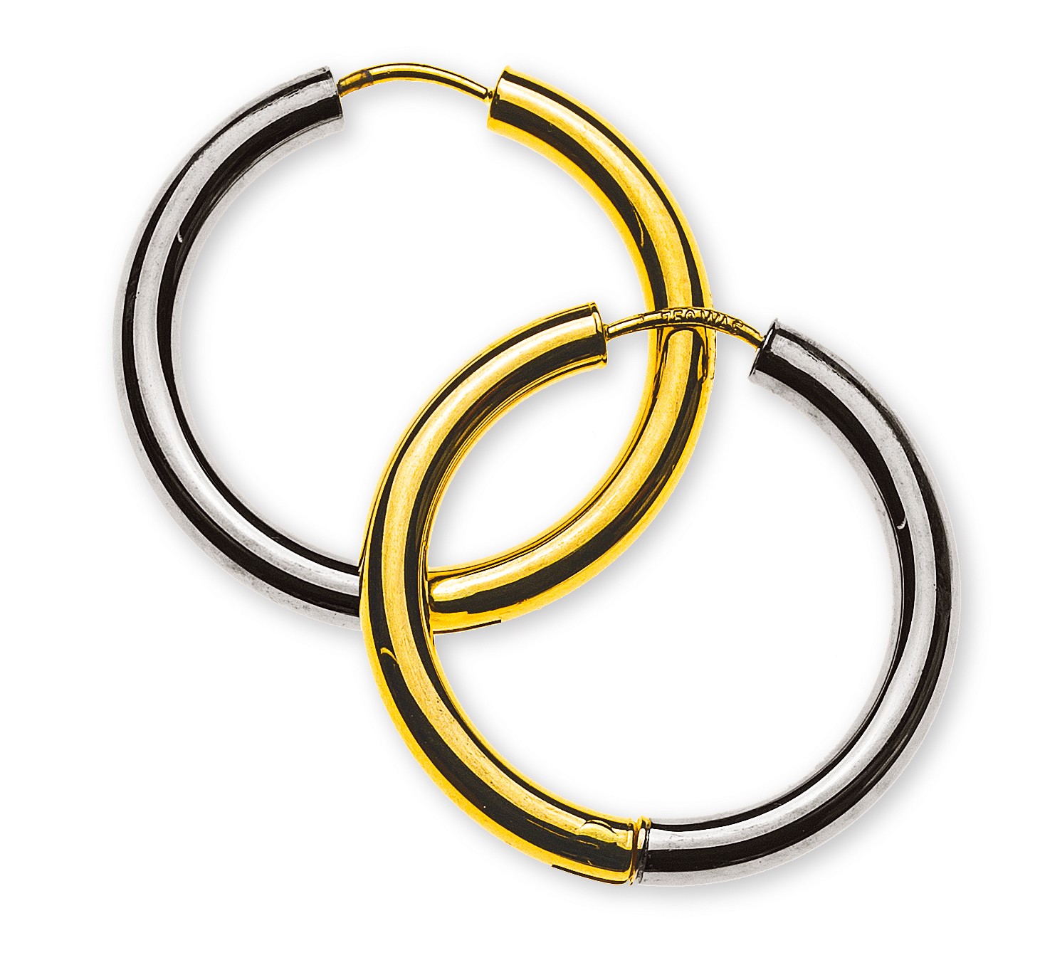 Créoles à charnière, bicolore (or jaune/or blanc 750), diamètre 26 mm, largeur 3 mm
