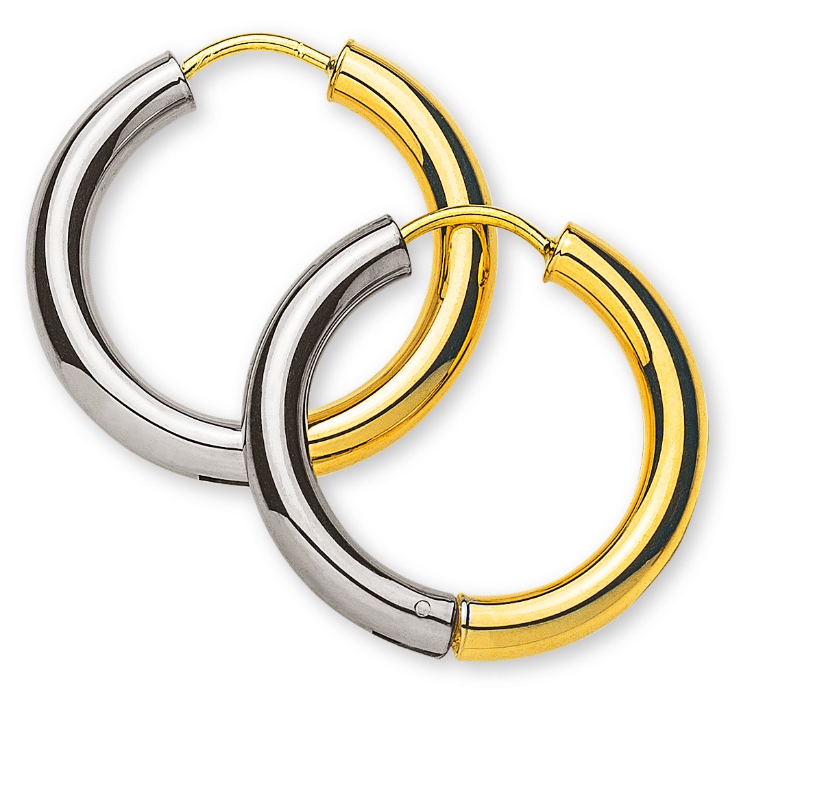 Créoles à charnière, bicolore (or jaune/or blanc ) 750, diamètre 21 mm, largeur 3 mm