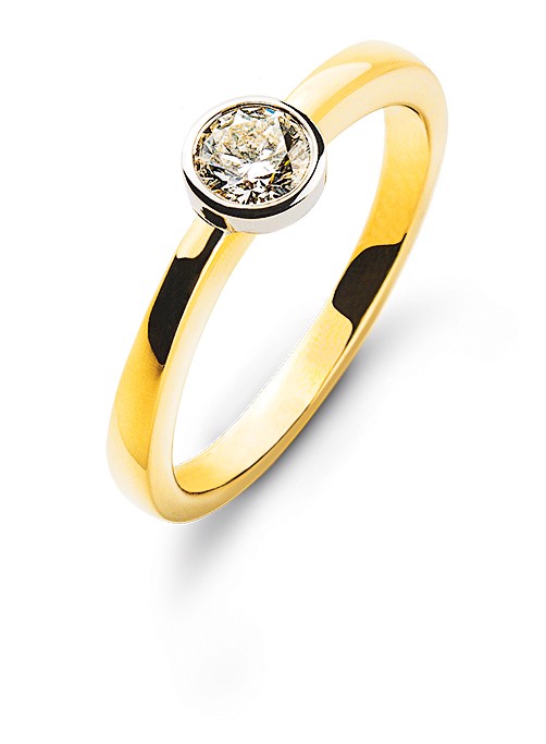Bague solitaire, serti clos, or jaune/blanc 750/18 ct. diamant H SI 0.15 ct.