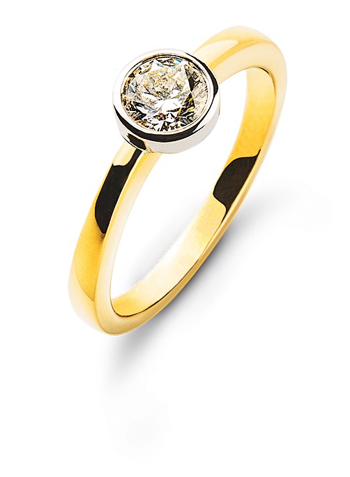 Bague solitaire, serti clos, or jaune/blanc 750/18 ct. diamant H SI 0.25 ct.