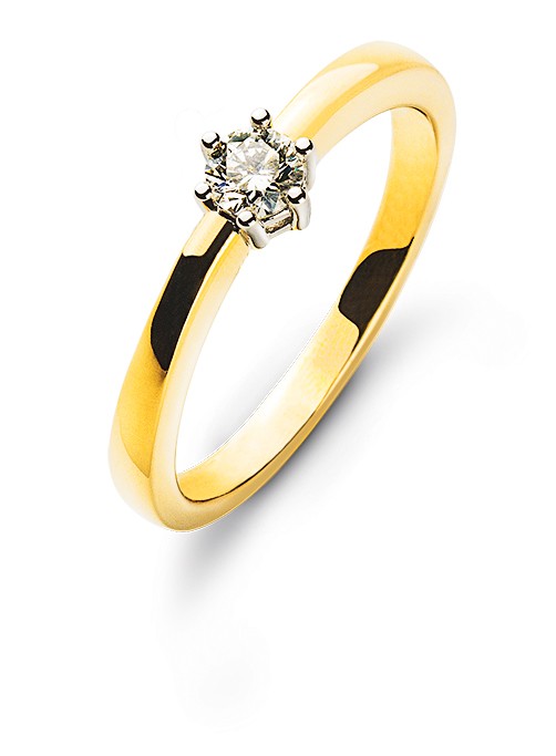 Bague solitaire 6 griffes or jaune/blanc 750/18 ct. diamant H SI 0.15 ct.