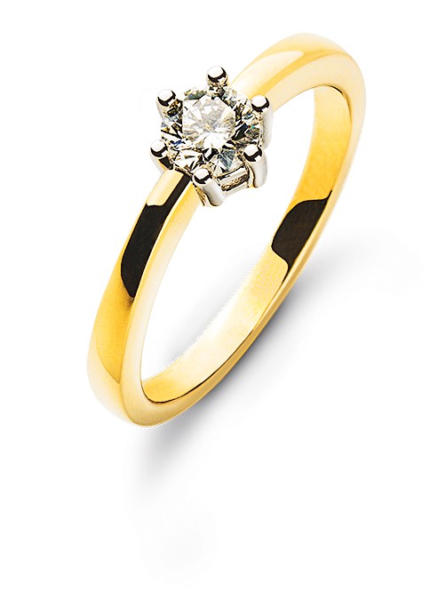 Bague solitaire 6 griffes or jaune/blanc 750/18 ct. diamant H SI 0.33 ct.