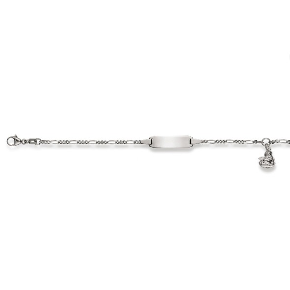 Bracelet d'identité, figaro, or blanc 750/ 18 ct., pendentif ange, 14 cm