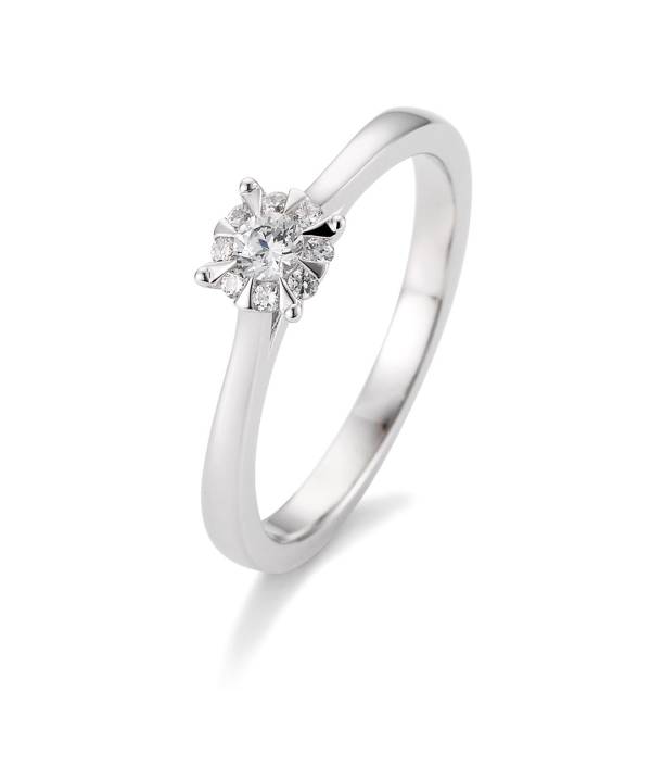 Bague solitaire or blanc 750/18 ct. avec diamants, total 0,18 Ct. H SI, ( Illusion 0.50 )