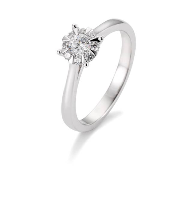 Bague solitaire or blanc 750/18 ct. avec diamants, total 0,39 Ct. H SI, (Illusion 1.00)