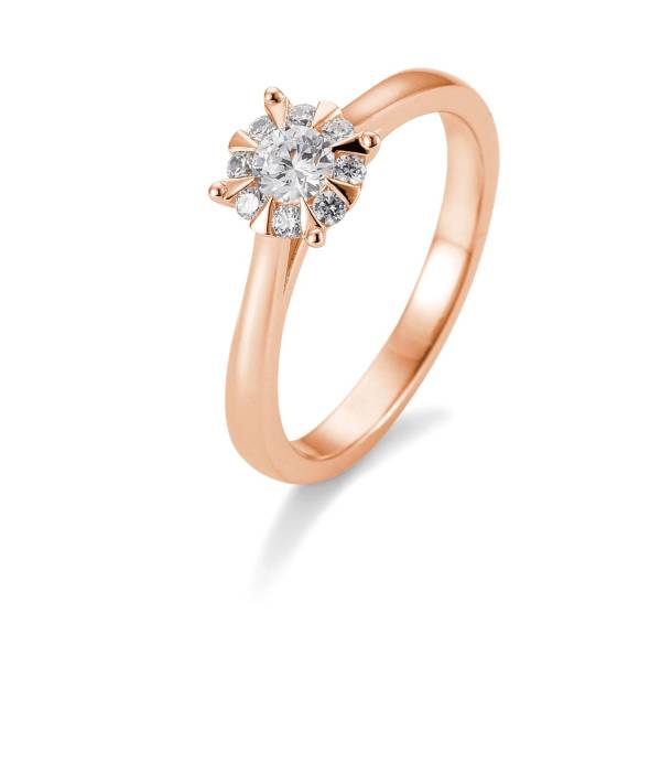 Bague solitaire or rose 750/18 ct. avec diamants, total 0,39 Ct. H SI, ( Illusion 1.00 )