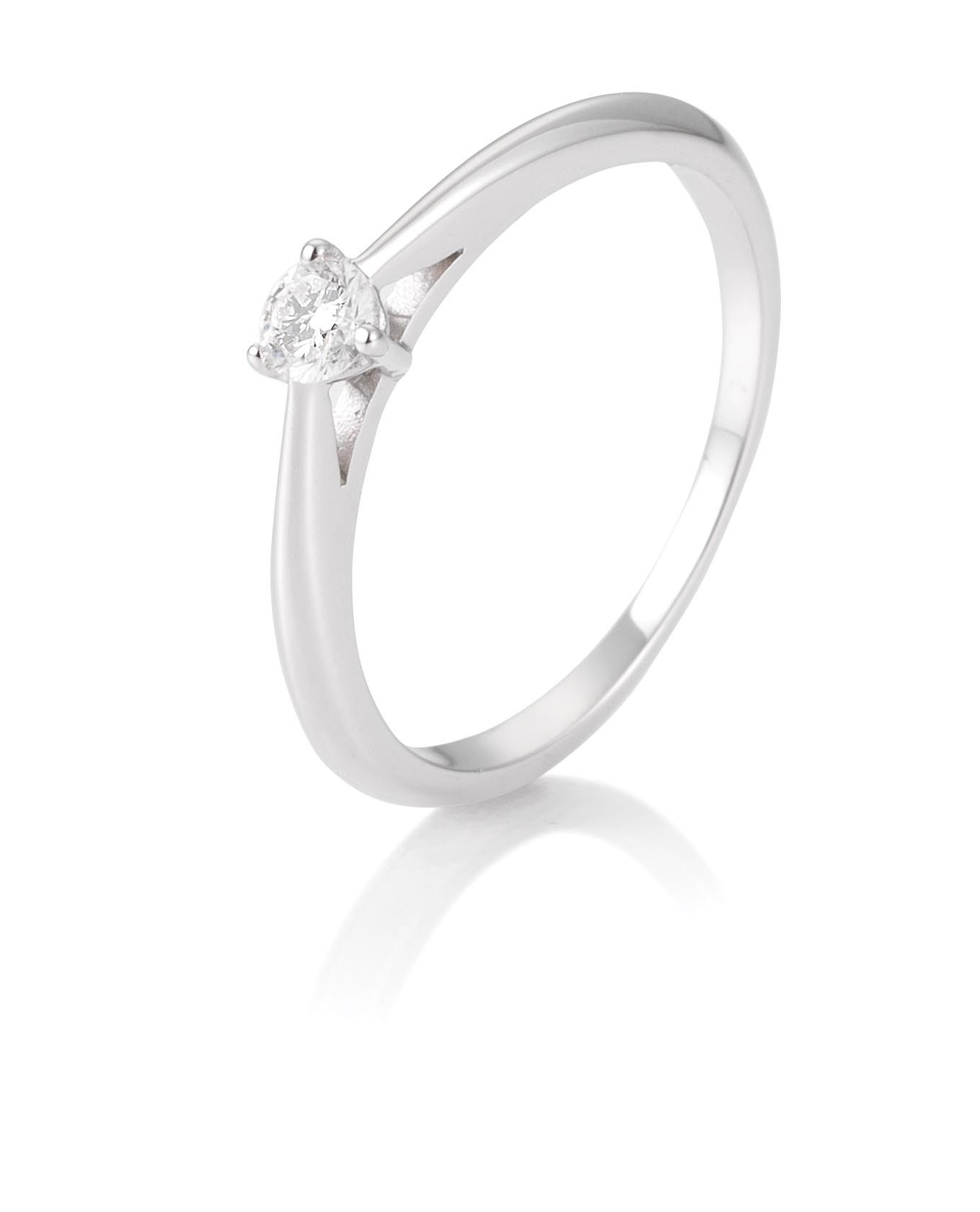 Bague solitaire or blanc 750/18 ct. avec diamant, 3 griffes, 0,15 Ct. H SI