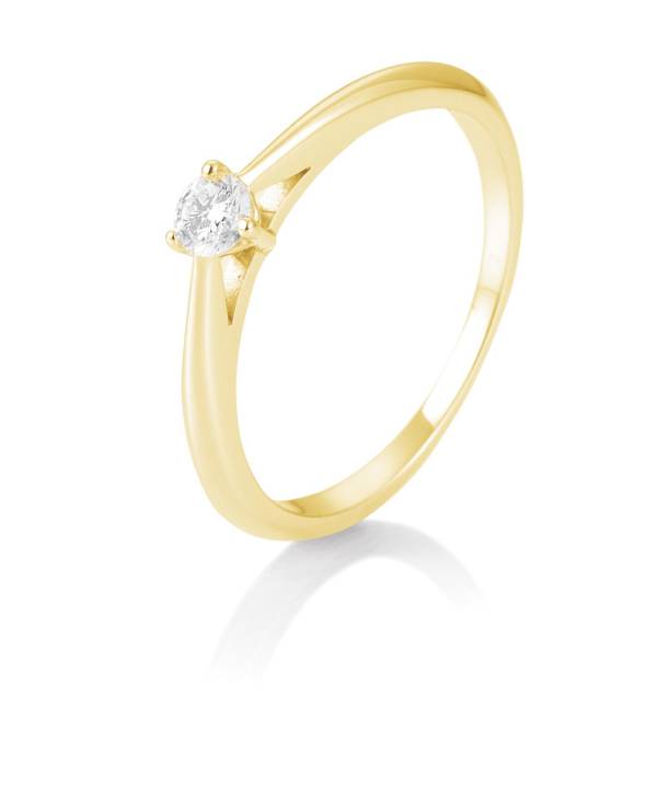 Bague solitaire or jaune 750/18 ct. avec diamant, 3 griffes, 0,15 Ct. H SI