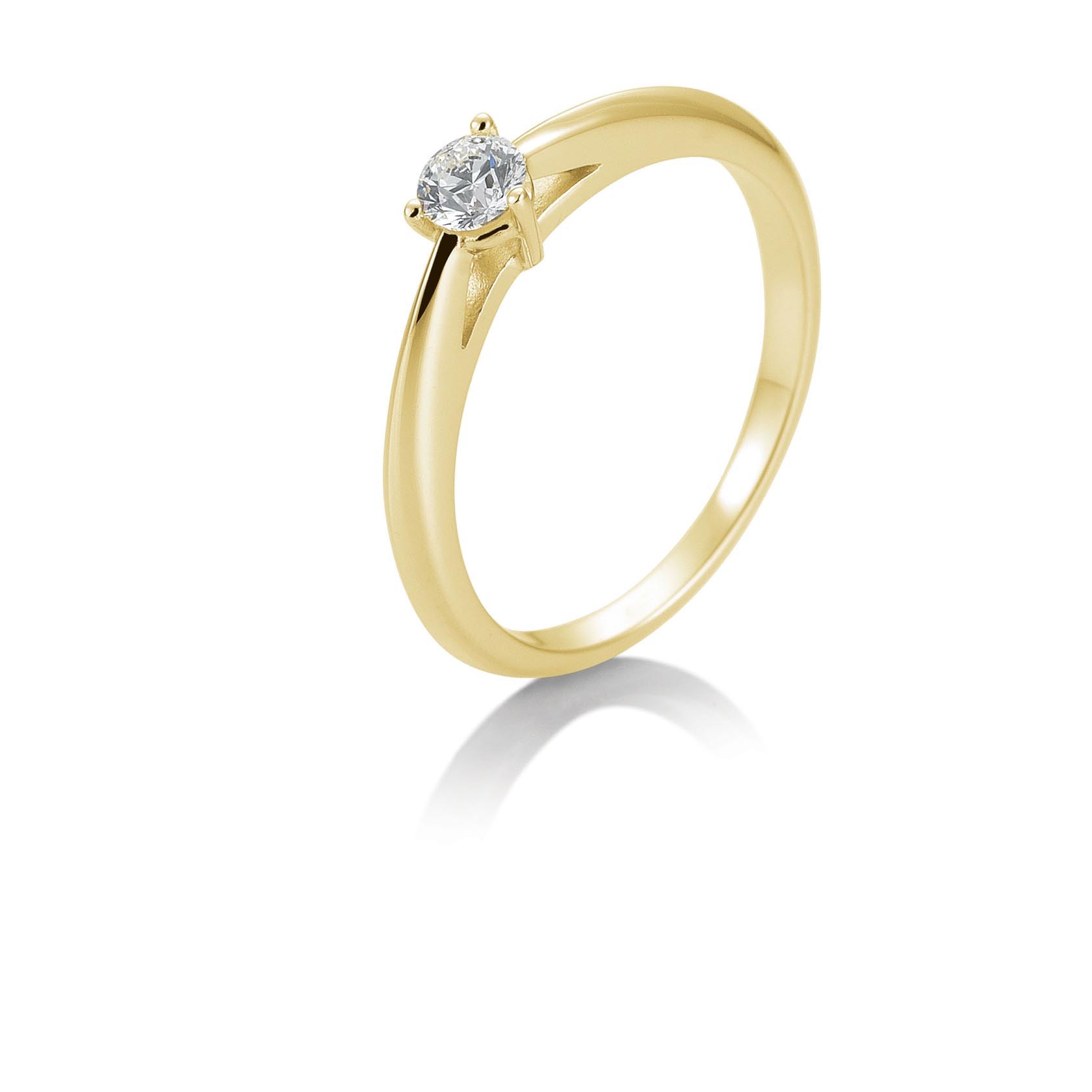 Bague solitaire or jaune 750/18 ct. avec diamant, 3 griffes, 0,20 Ct. H SI