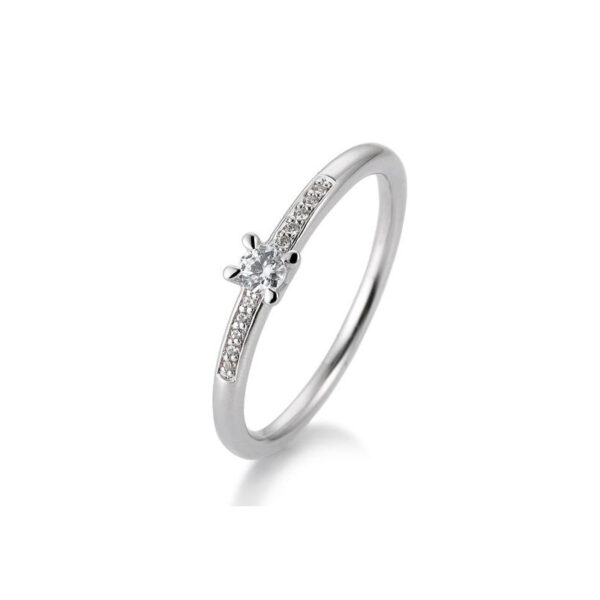 Bague solitaire or blanc 750/18 ct. diamant central de 0,10 ct. H SI, 4 griffes, total 0,15 ct. H SI