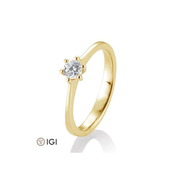 Bague solitaire or jaune 750-18 ct. avec diamant 0,30 Ct. H SI, 6 griffes