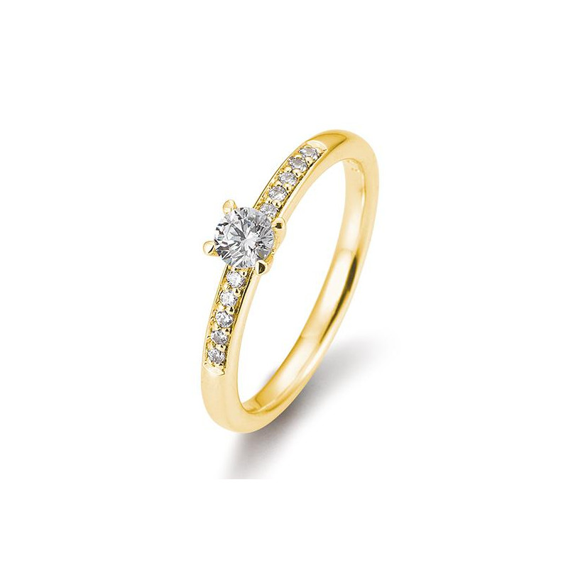 Solitärring aus Gelbgold 750/18 kt. mit einem zentralen Diamanten von 0,25 Ct. H SI, 4 Krappen, insgesamt 0,325 ct. H SI