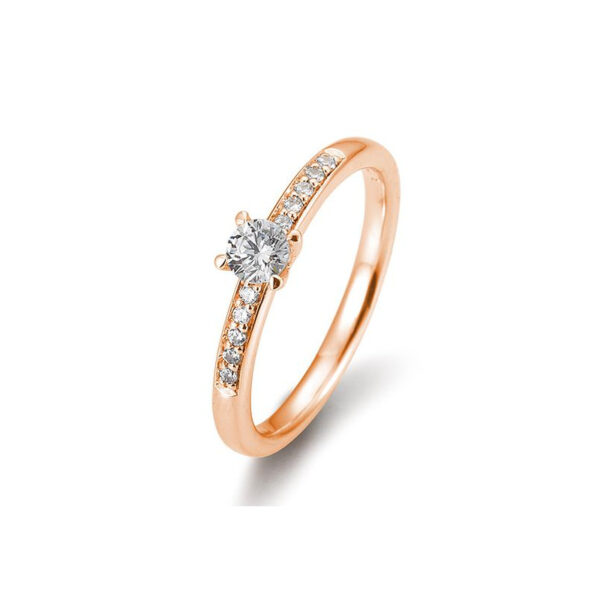 Bague solitaire or rose 750/18 ct. avec un diamant central de 0,25 Ct. H SI, 4 griffes, total 0,325 Ct. H SI