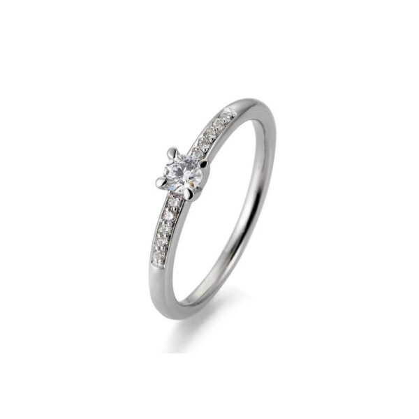 Bague solitaire platine 950 diamant central de 0,15 ct. H SI, 4 griffes, total 0,215 ct. H SI
