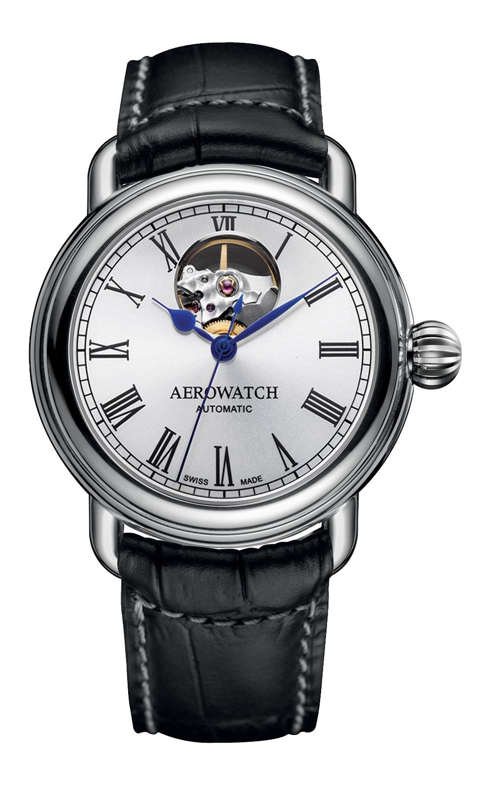 Aerowatch 1942 Automatic Open Heart cuir noir