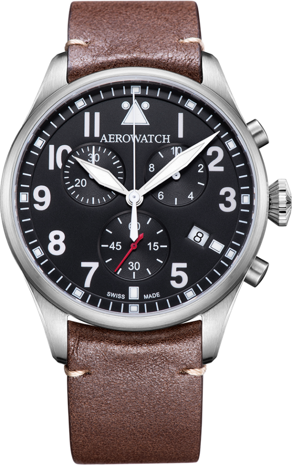 Aerowatch Les Grandes Classiques Pilot Chrono, quartz, cuir brun