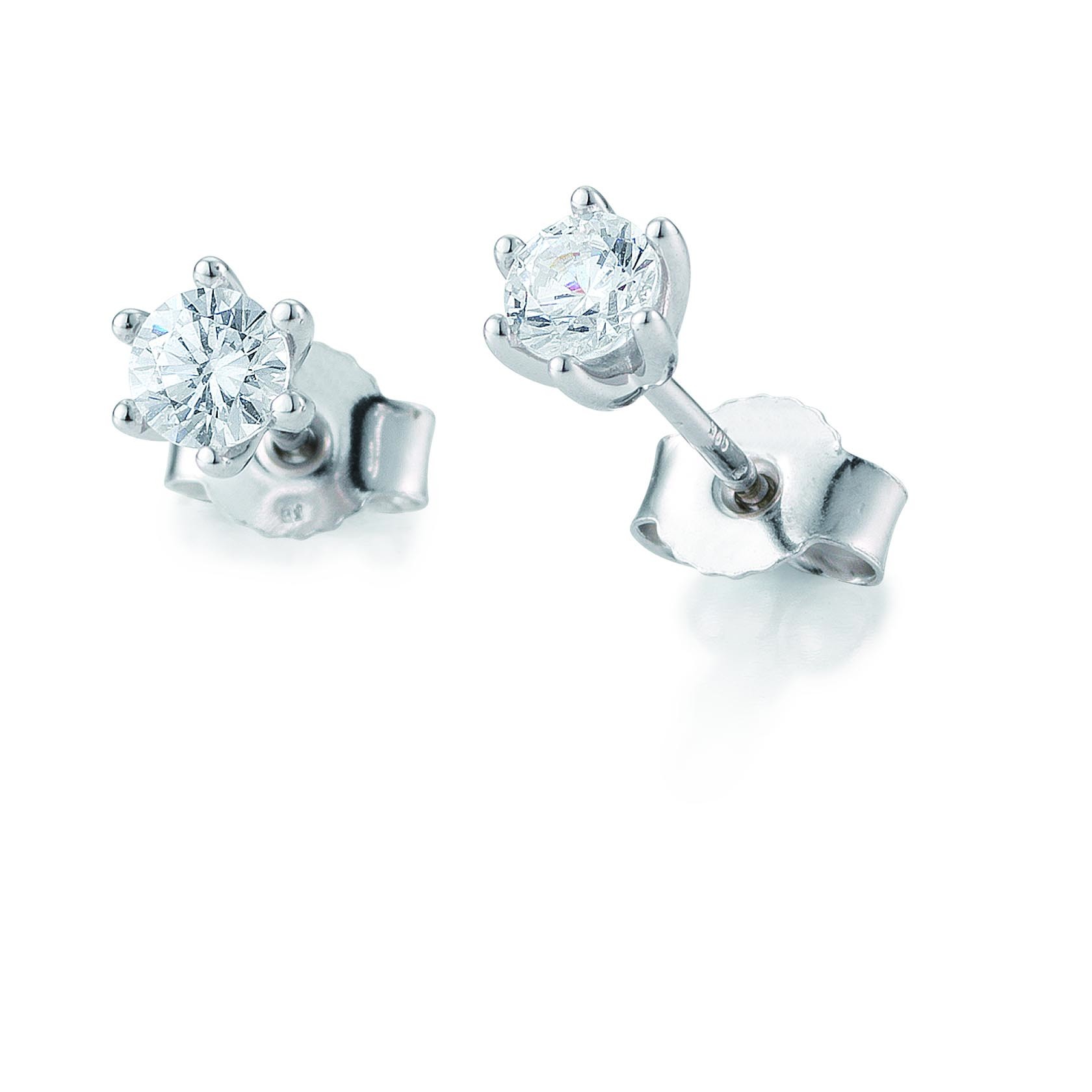 Clous d'oreilles or blanc 750/18 ct. 6 griffes avec diamant, total 0,60 Ct. H SI