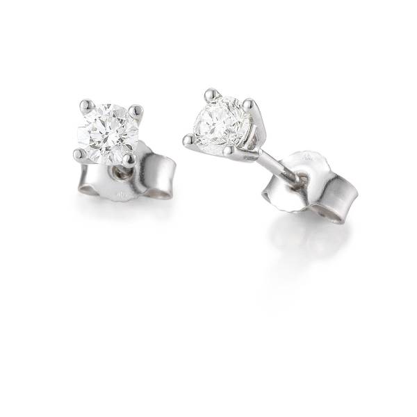 Clous d'oreilles or blanc 750/18 ct. 4 griffes avec diamant, total 0,10 Ct. H SI