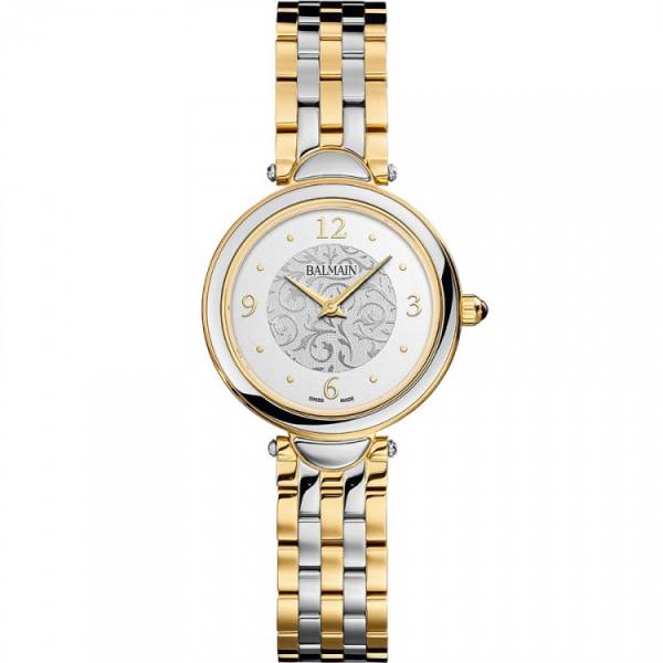 Montre Balmain quartz, collection Haute Elegance, boîtier bicolore acier-PVD jaune, 29 mm, cadran argenté avec arabesques, verre saphir, bracelet bicolore acier-PVD jaune.