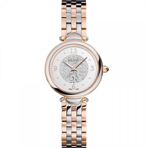 Montre Balmain quartz, collection Haute Elegance, boîtier bicolore acier-PVD rose, 29 mm, cadran argenté avec arabesques, verre saphir, bracelet bicolore acier-PVD rose.