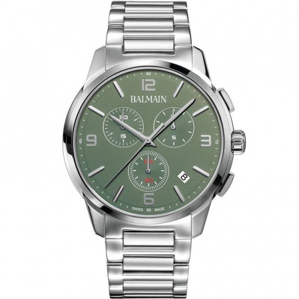 Montre Balmain quartz, collection Madrigal Chrono, boîtier acier, cadran vert, verre saphir, bracelet acier.