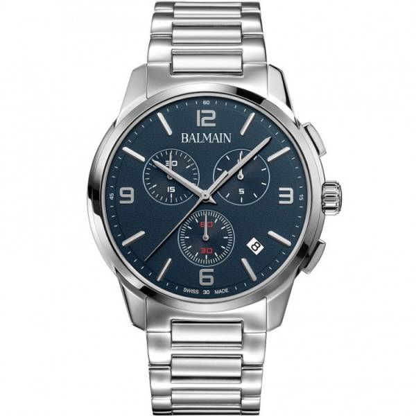 Montre Balmain quartz, collection Madrigal Chrono, boîtier acier, cadran bleu, verre saphir, bracelet acier.