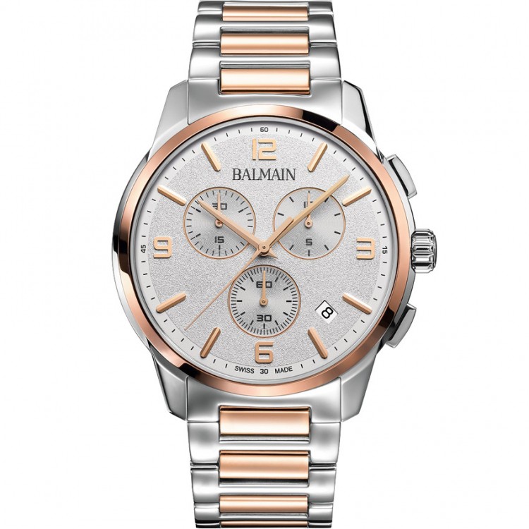 Montre Balmain quartz, collection Madrigal Chrono, boîtier acier-PVD rose, cadran gris, verre saphir, bracelet acier-PVD rose.