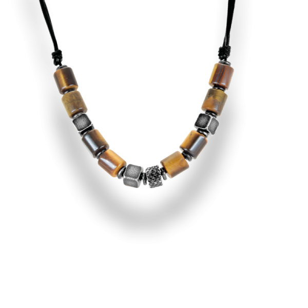 ROCHET - Collier NIRVANA, acier et pierres œil de tigre, 50 cm
