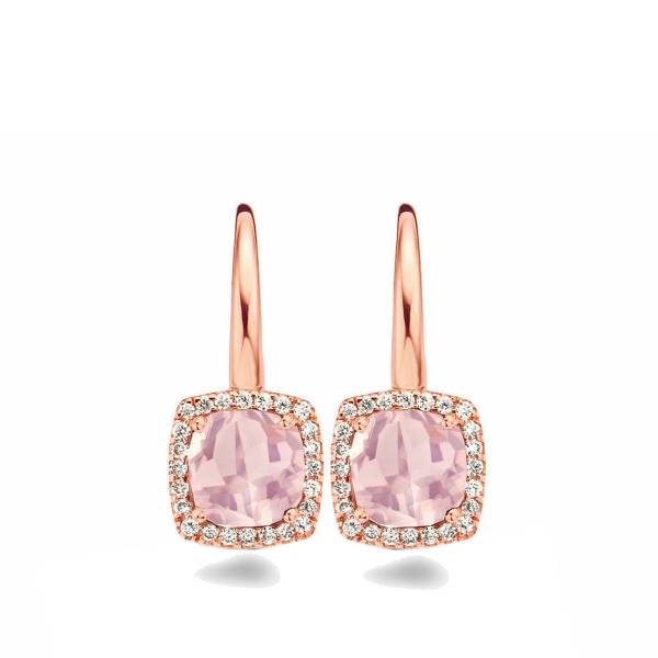 Boucles d'oreilles Etna or rose 750/18 ct., 48 Diamants 0.19 ct., 2 Quartz rose 1.84 ct.