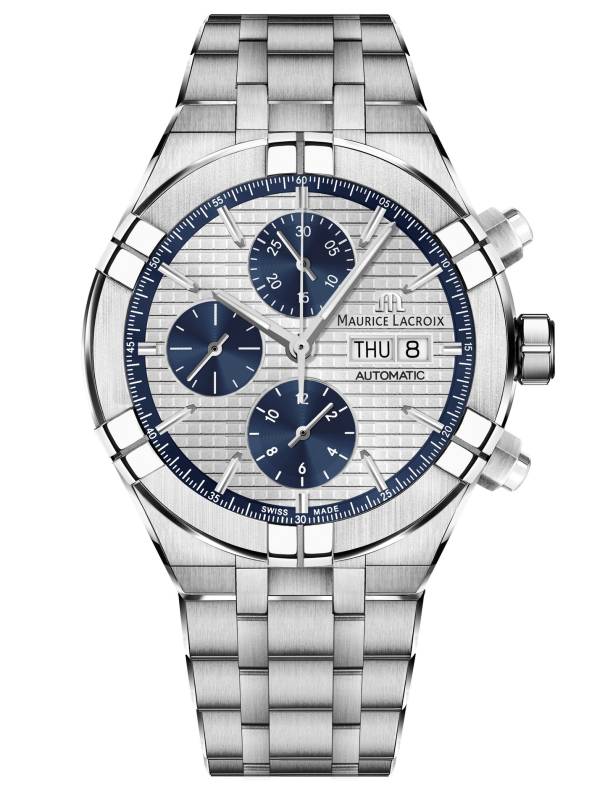 Maurice Lacroix AIKON Auto Chronographe, 44mm, argenté/ bleu, bracelet en acier