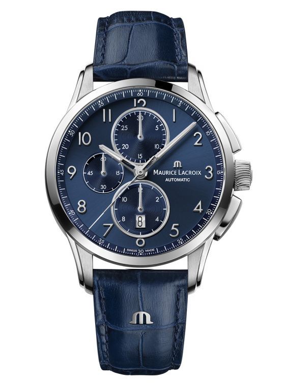Maurice Lacroix PONTOS Chronograph 43mm, cadran bleu, bracelet en cuir bleu