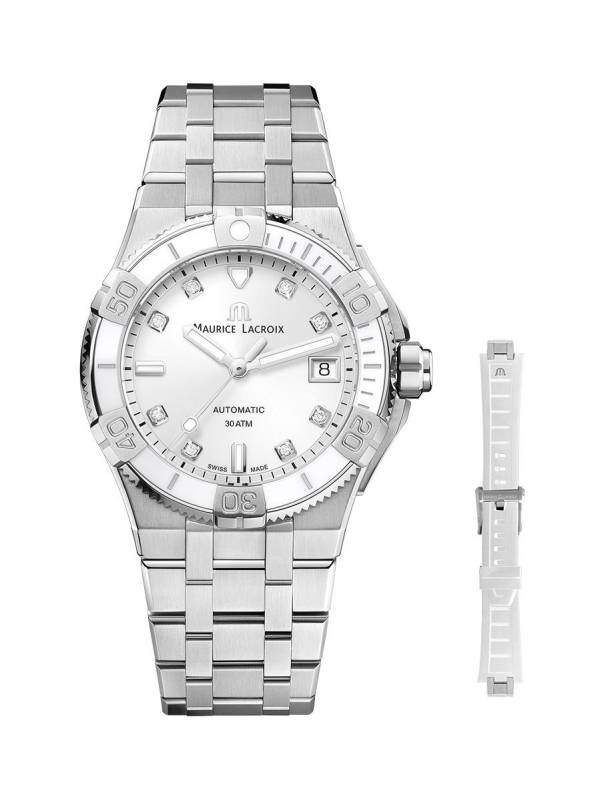 Maurice Lacroix AIKON Auto Venturer Lady 38mm, blanc, 8 diamants, bracelet en acier et en caoutchouc blanc