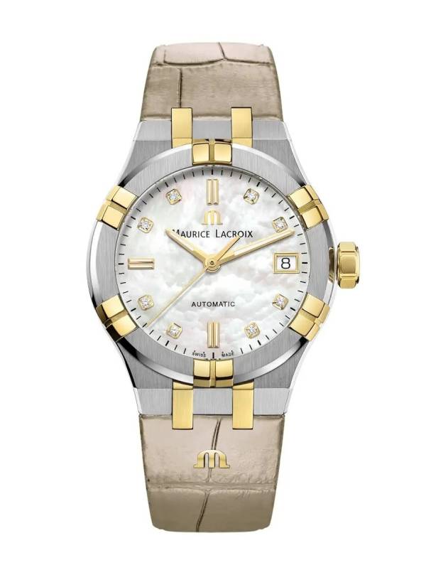 Maurice Lacroix AIKON Auto Ladies, 35mm, nacre blanche, 8 diamants, bracelet en cuir beige