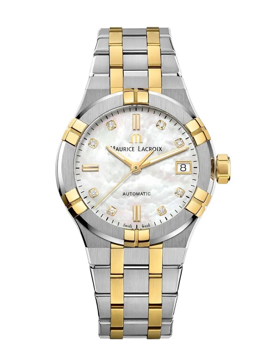 Maurice Lacroix AIKON Auto Ladies, 35 mm, nacre blanche, 8 diamants, bracelet en acier bicolore